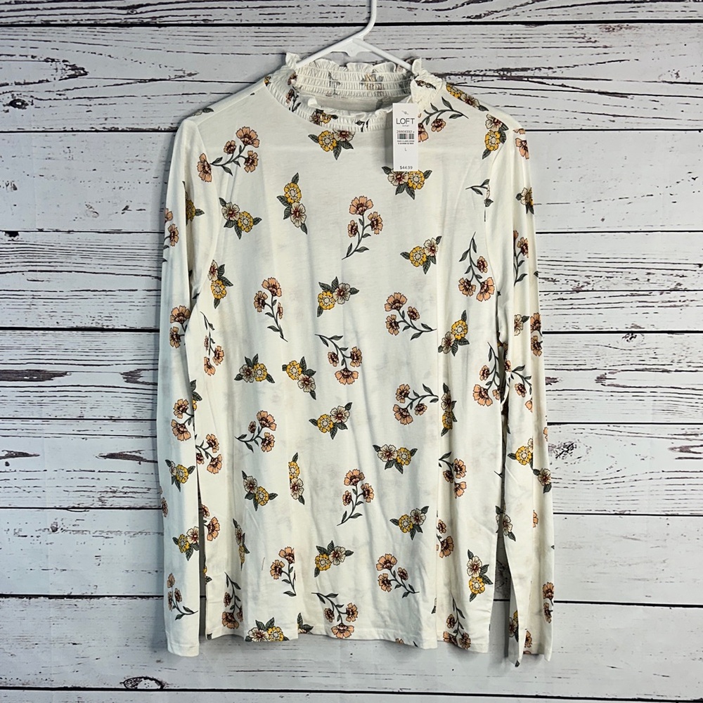 LOFT White Top with Yellow and Brown Floral Design